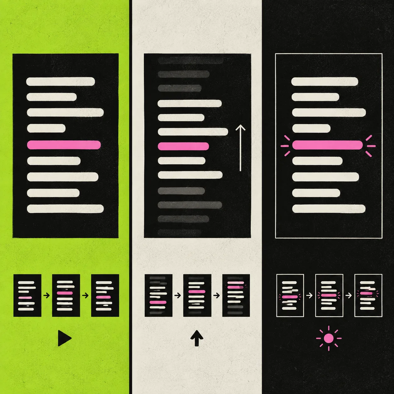 Diagramma in tre riquadri che confronta il movimento del lyric video brat con taglio, scorrimento ed evidenziazione della riga attiva