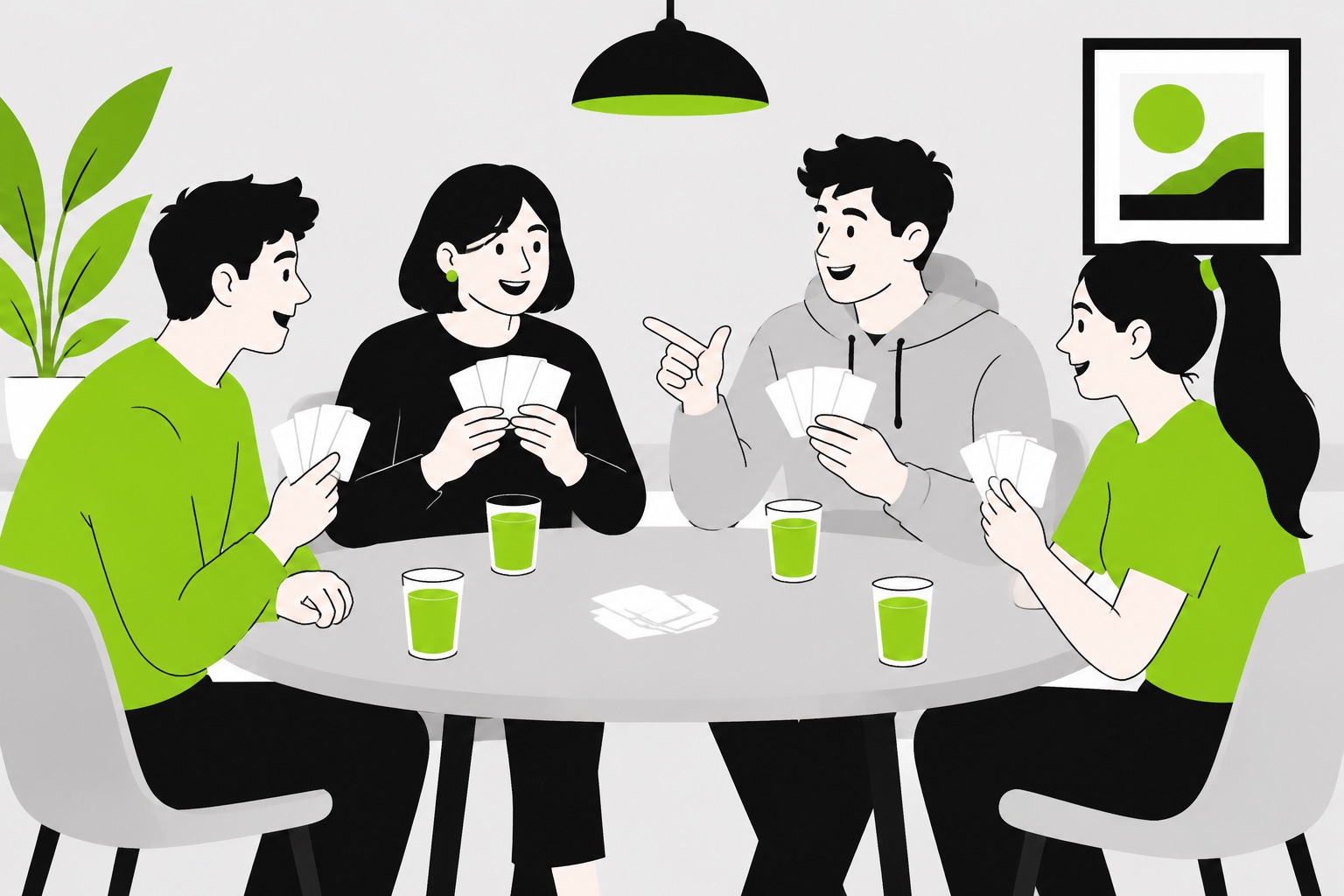 A flat illustration of friends playing a party game with cards on a table