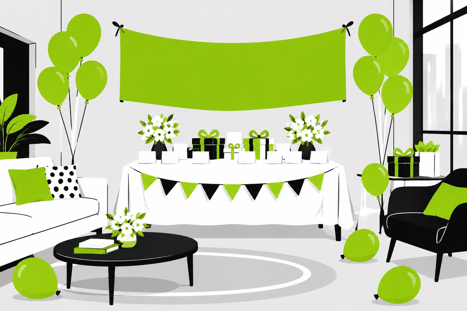 A flat illustration of a bachelorette party scene with green balloons and a gift table