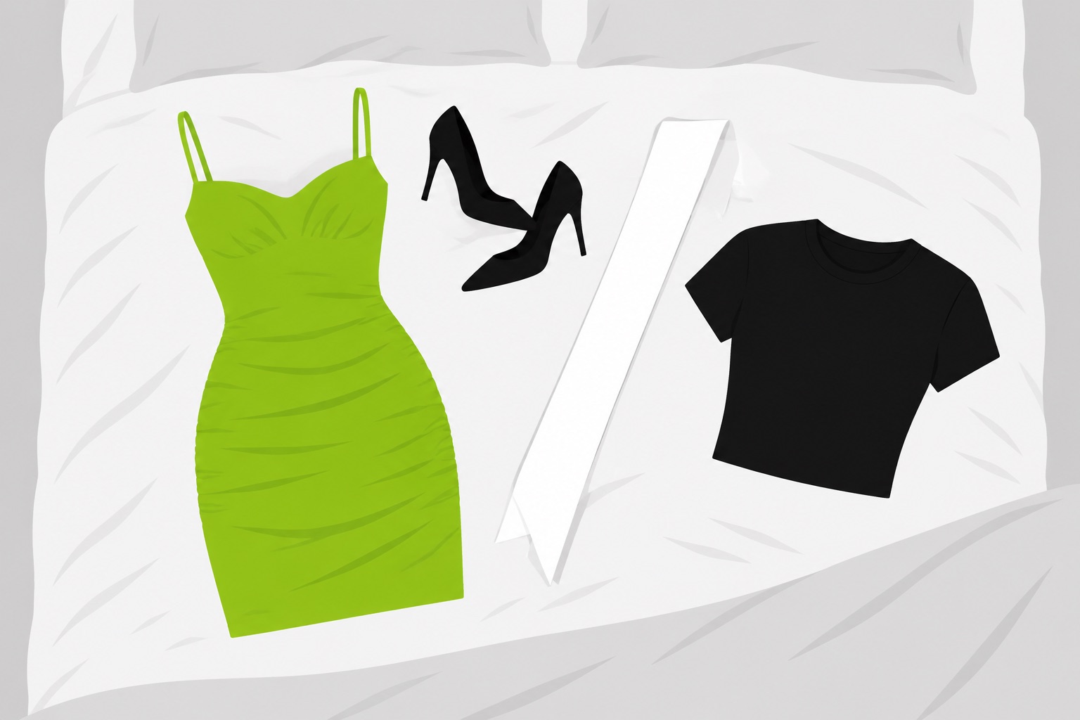 A flat illustration of clothing laid out on a bed in green and black with a sash