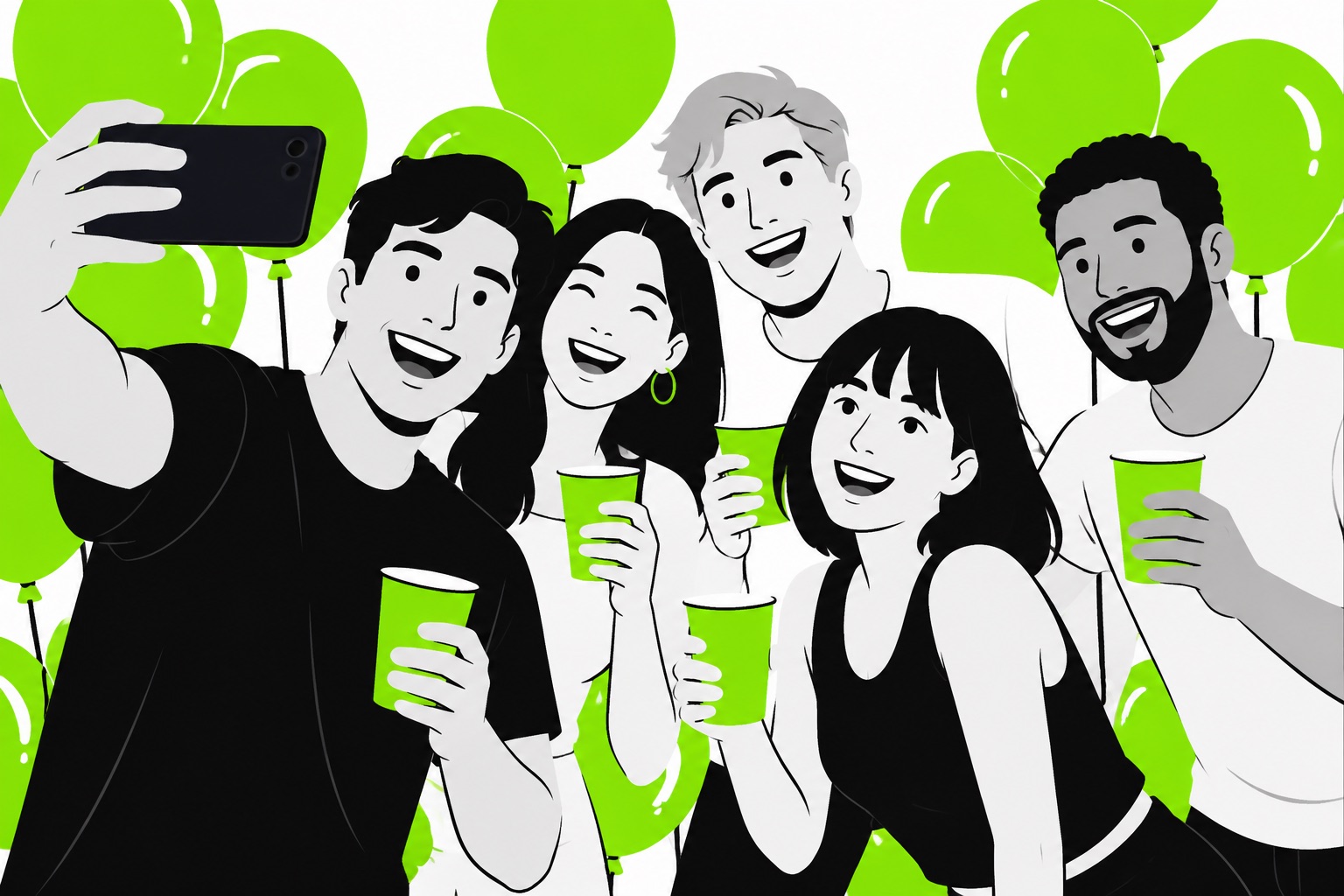 A flat illustration of friends taking a group selfie with green drinks at a party