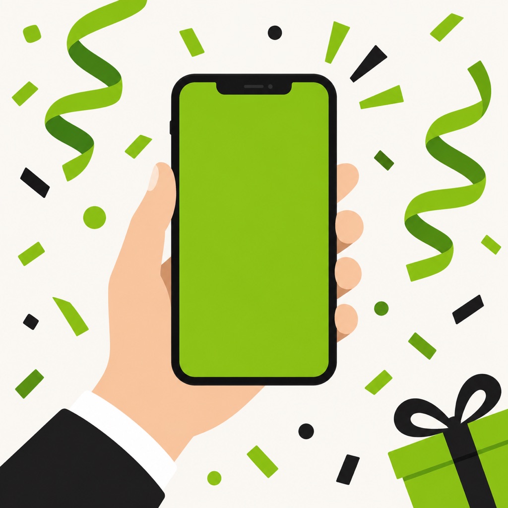 Hand holding a phone with a green brat birthday card on screen