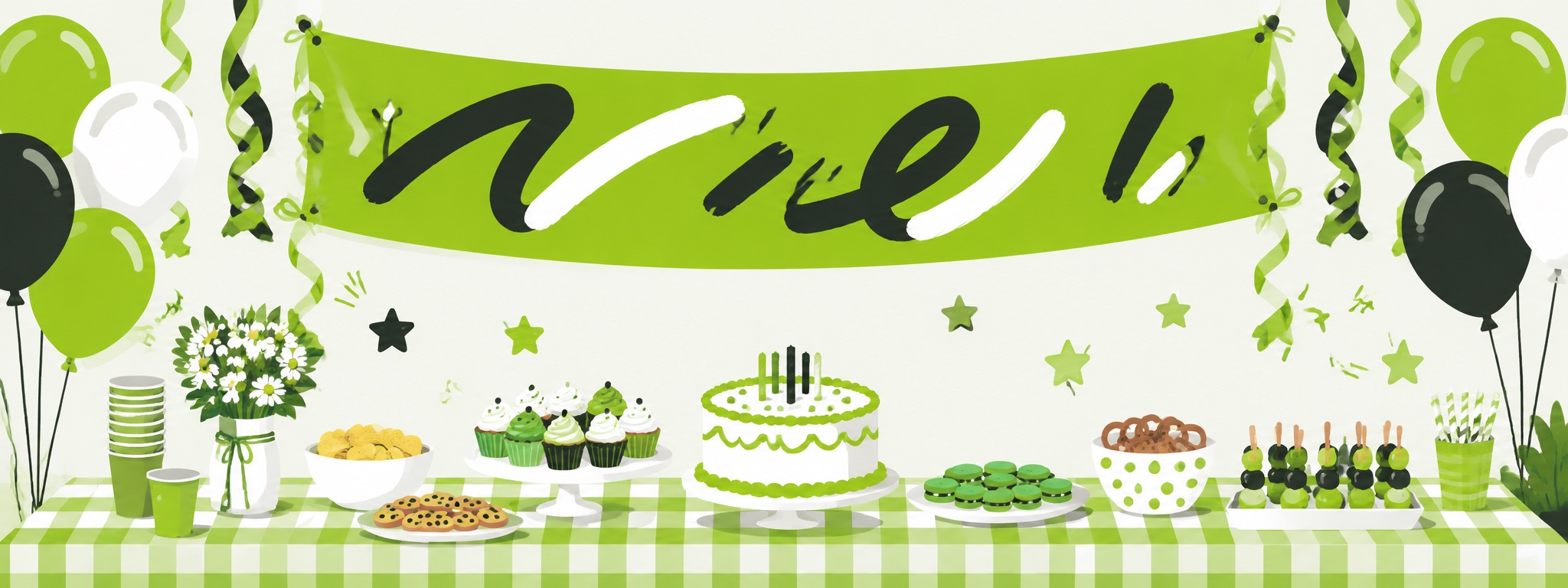 Wide green brat banner above a party snack table