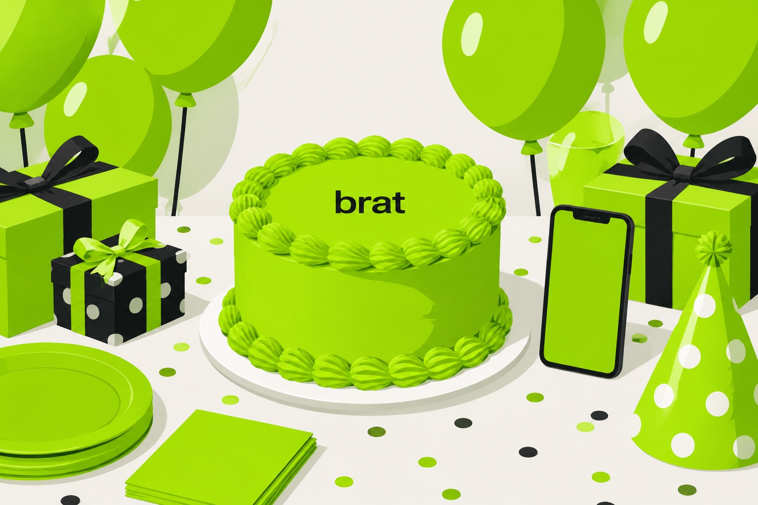 Brat birthday party table with a lime green cake, balloons and gifts