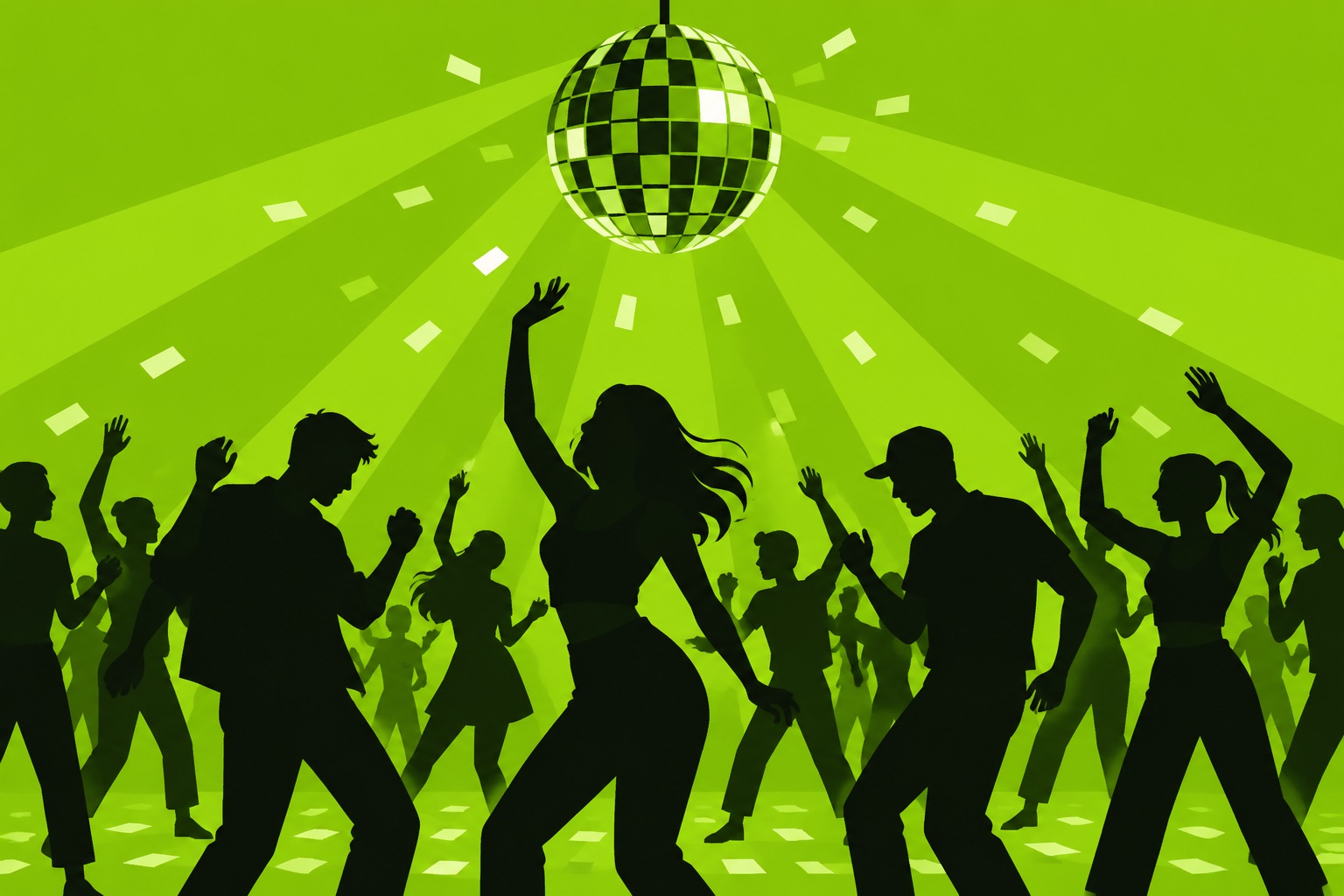 Club dance floor in brat green light — party brat captions