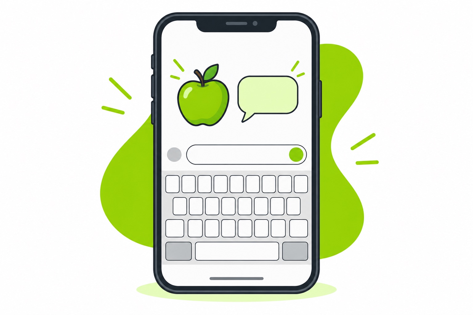 A flat illustration of a phone keyboard screen with a green apple emoji and chat bubbles