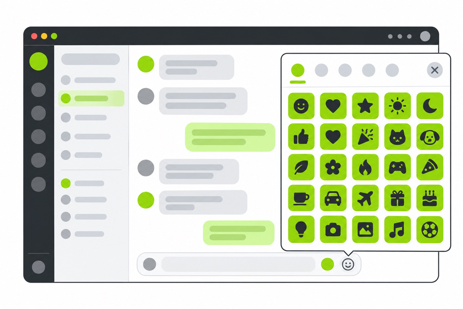 A flat illustration of a chat app window with an emoji panel showing green square icons