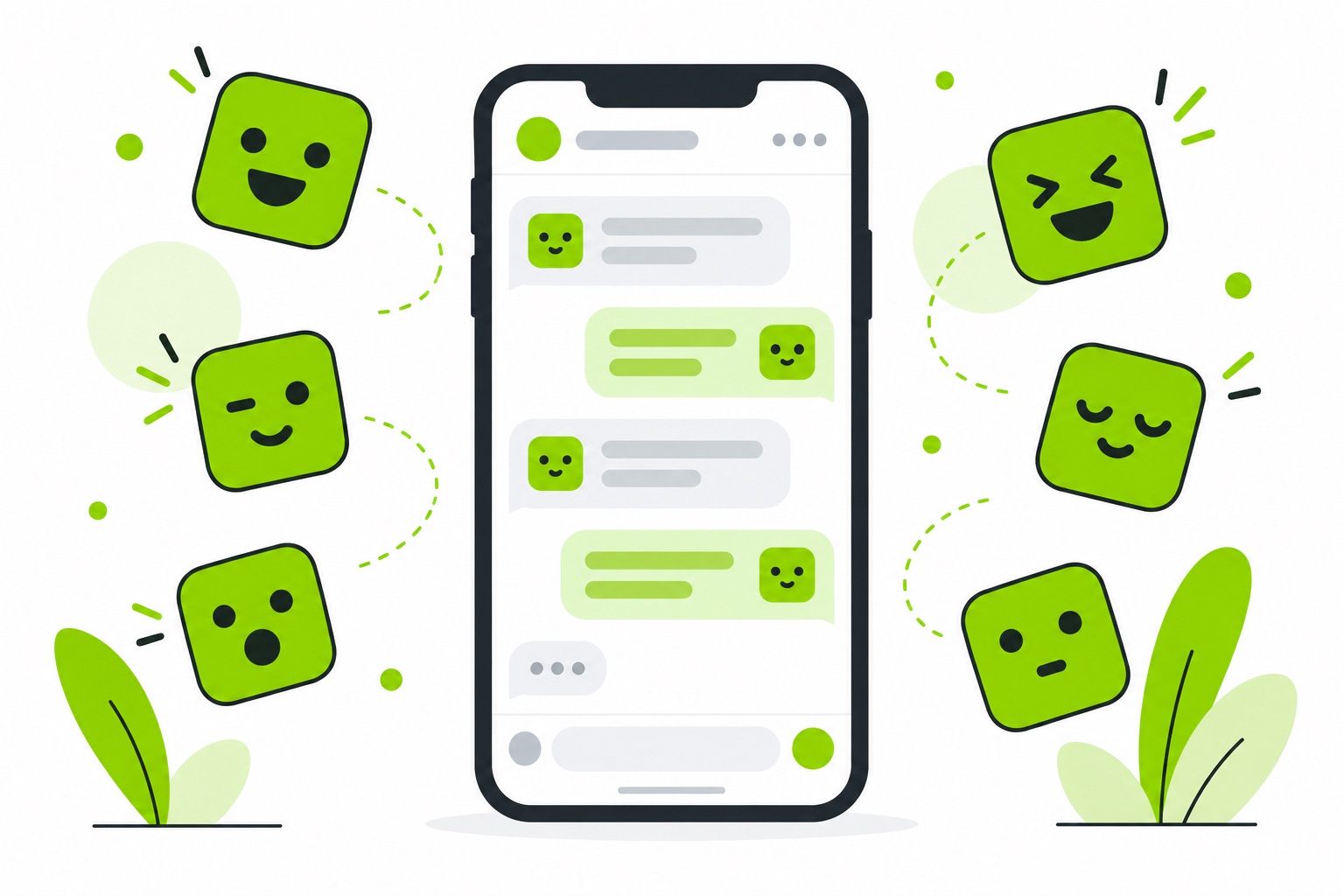 A flat illustration of a phone messaging app with green square emoji in a chat