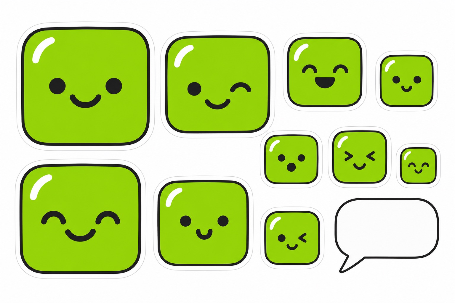 A flat illustration of a sticker sheet with green square designs and a chat bubble