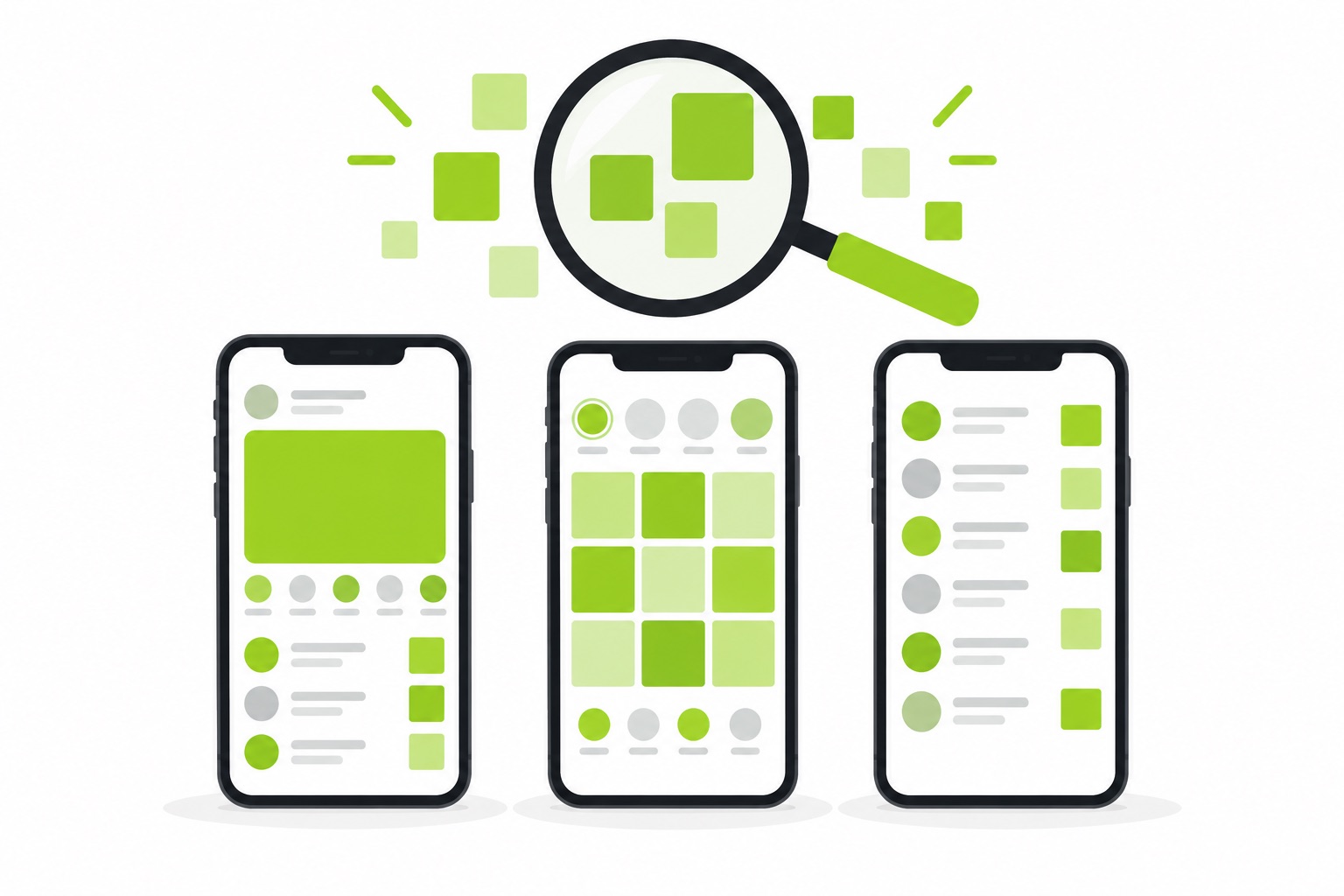 A flat illustration of three phones showing social apps and a magnifier over green squares