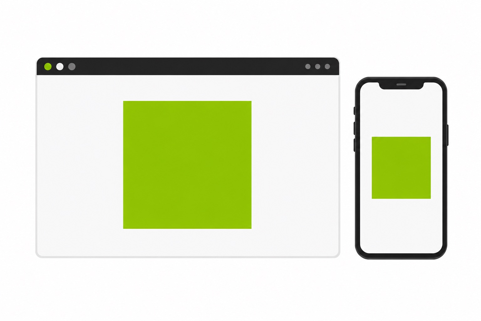 A flat illustration of a browser window showing a green square generator next to a phone
