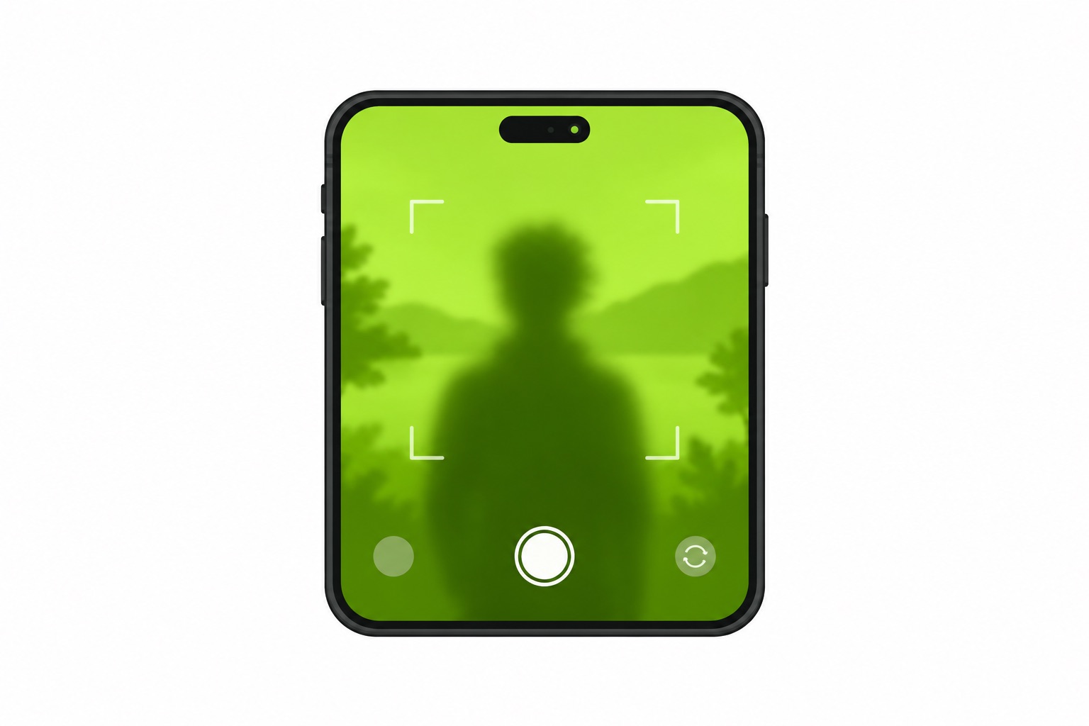 A flat illustration of a phone camera viewfinder tinted acid green with a blurred figure