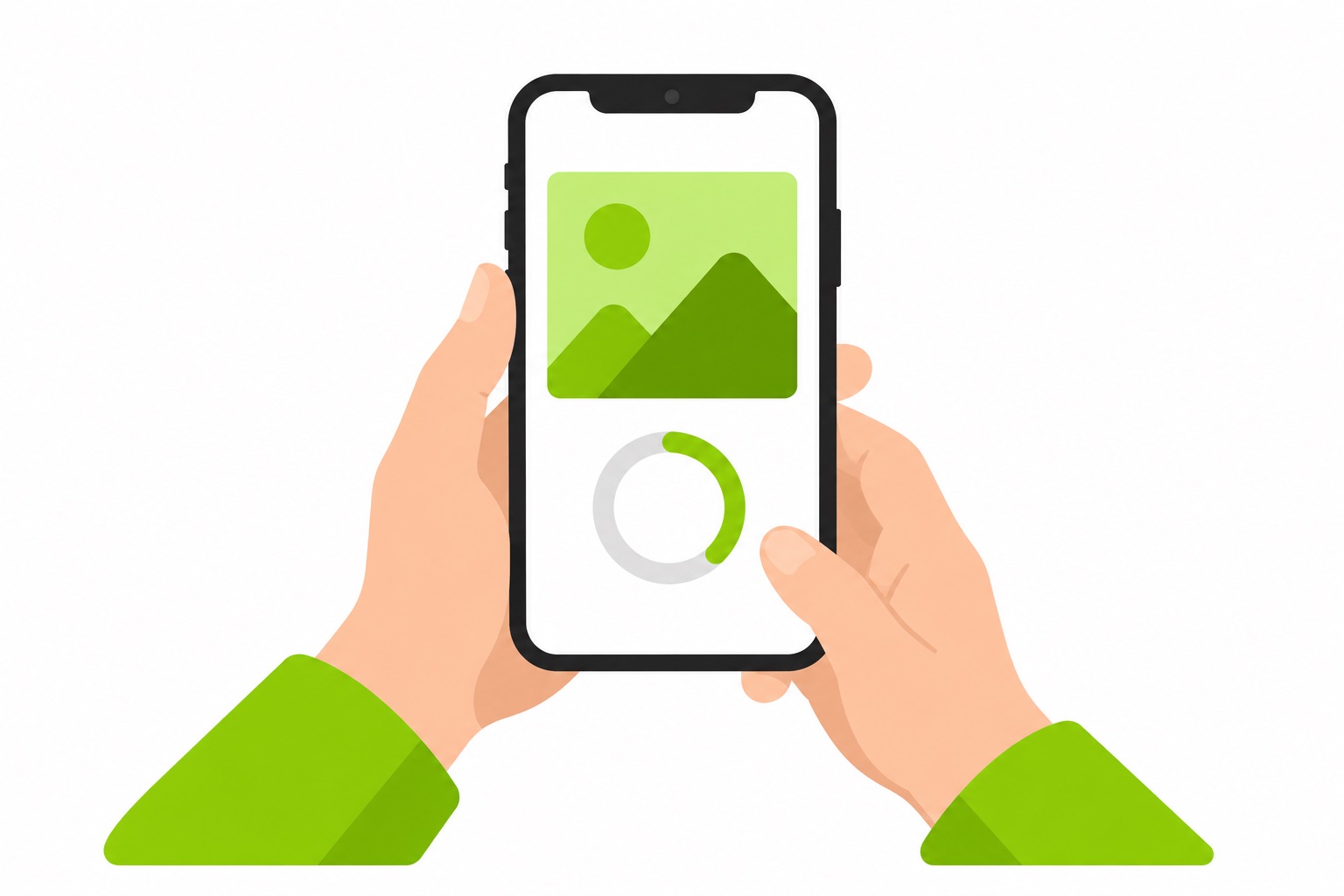 A flat illustration of hands holding a phone posting a story with a green square image