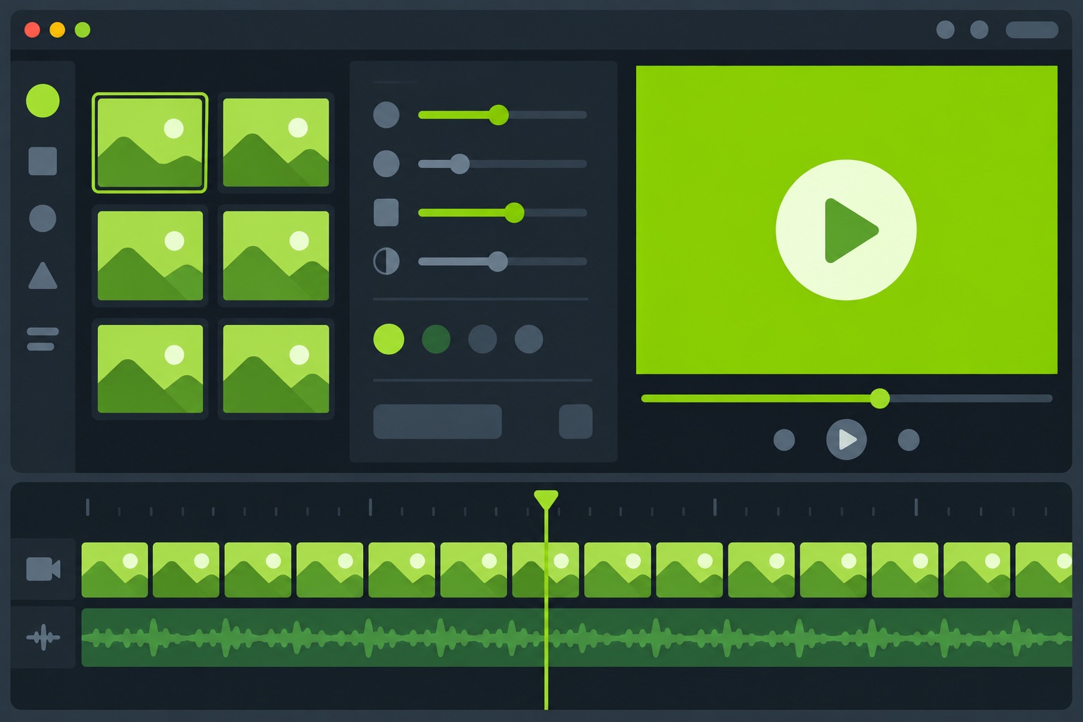A flat illustration of a video editor interface with a green frame preview and export button
