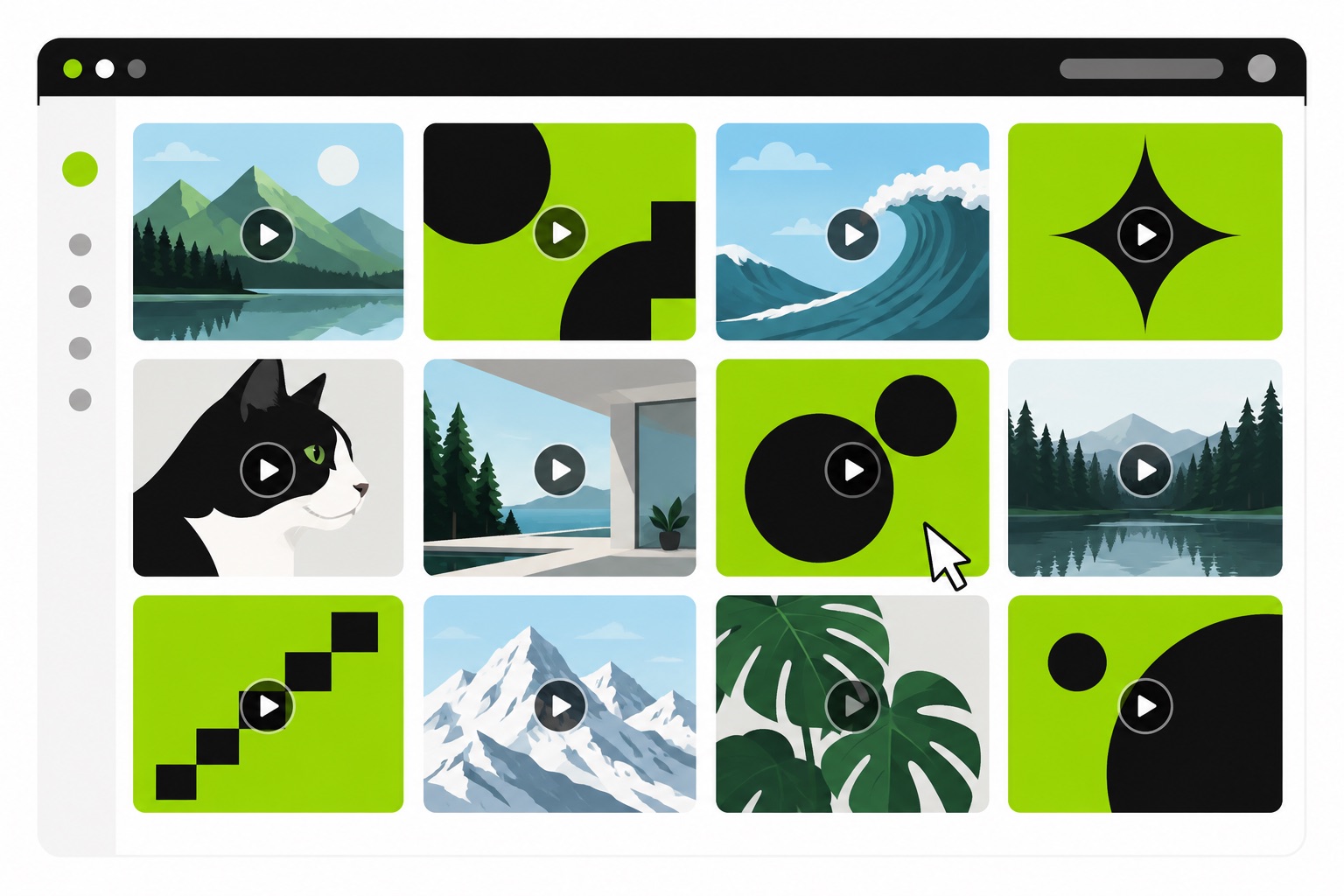 A flat illustration of a GIF library grid with green square tiles