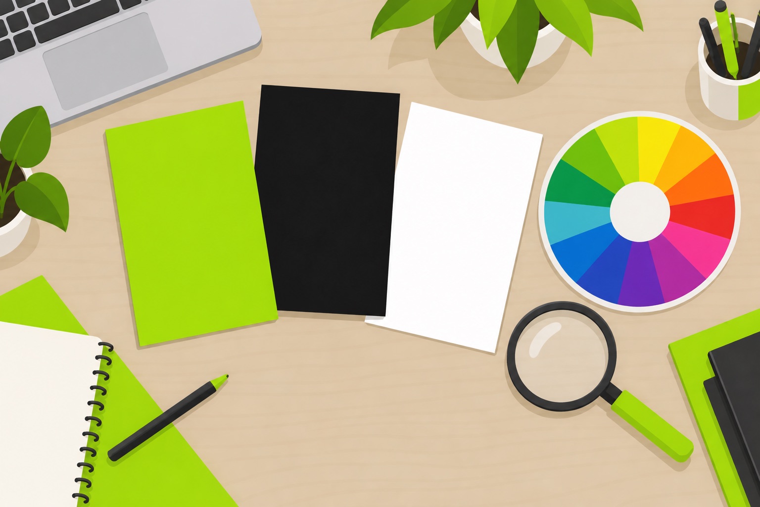 A flat illustration of a color palette with green, black, and white swatches next to a video editor timeline