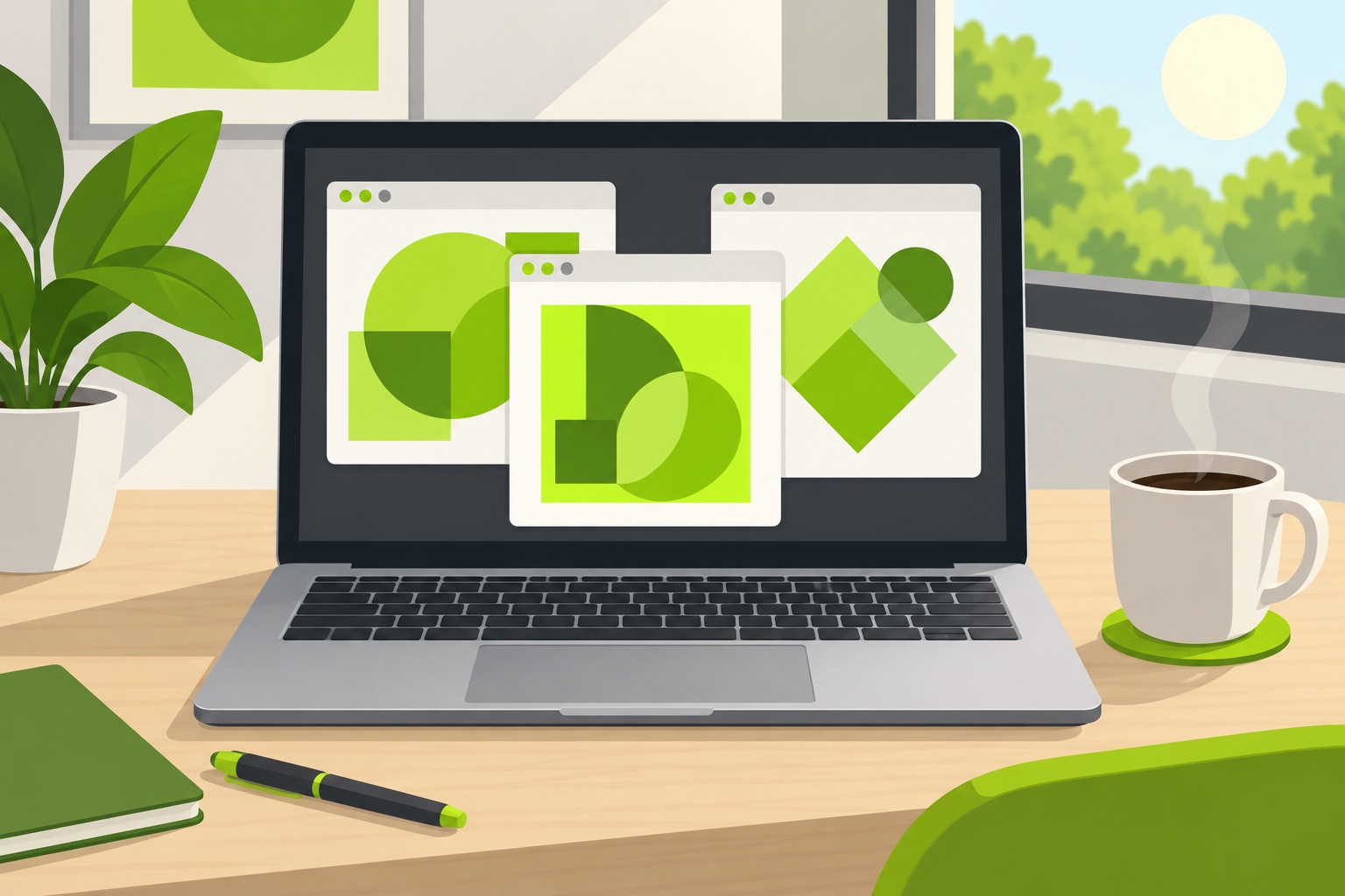 A flat illustration of a laptop with several app windows and a green design in each