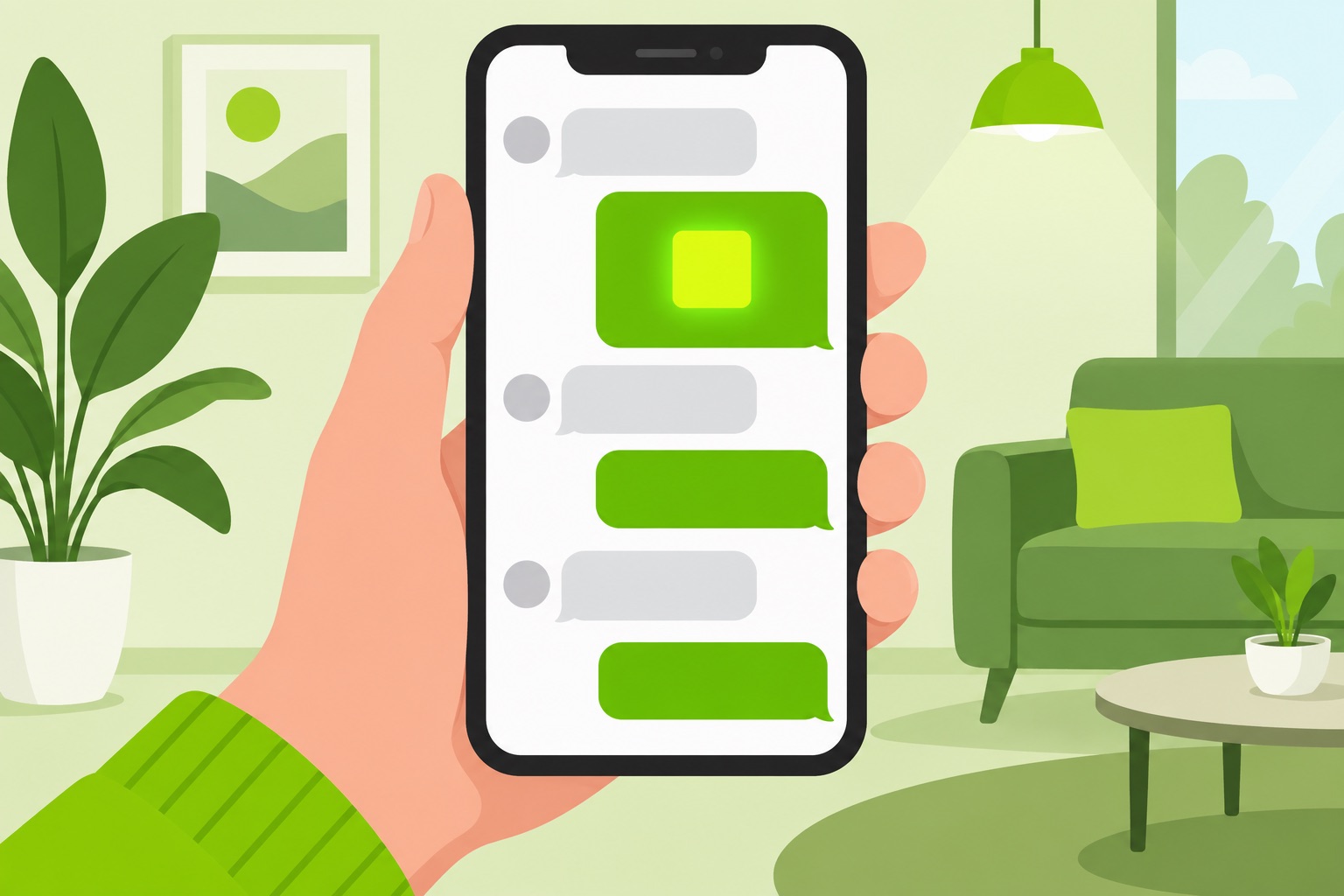 A flat illustration of a chat app with a green animated square in the conversation