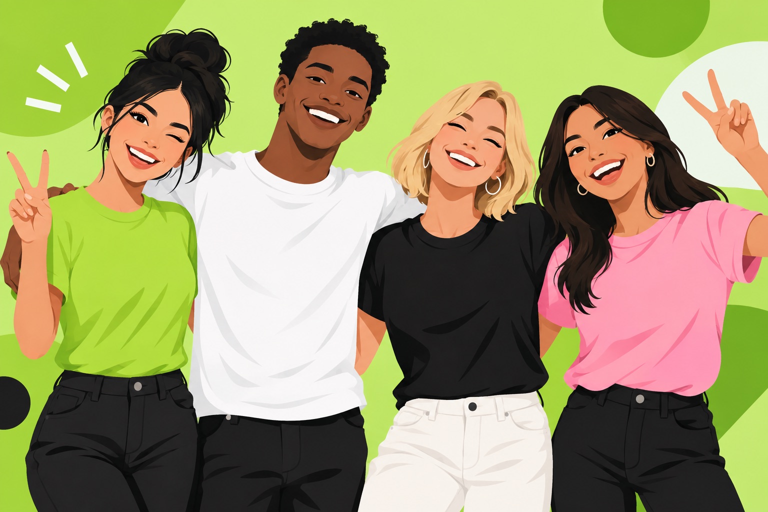 Four friends in different album-era colored shirts