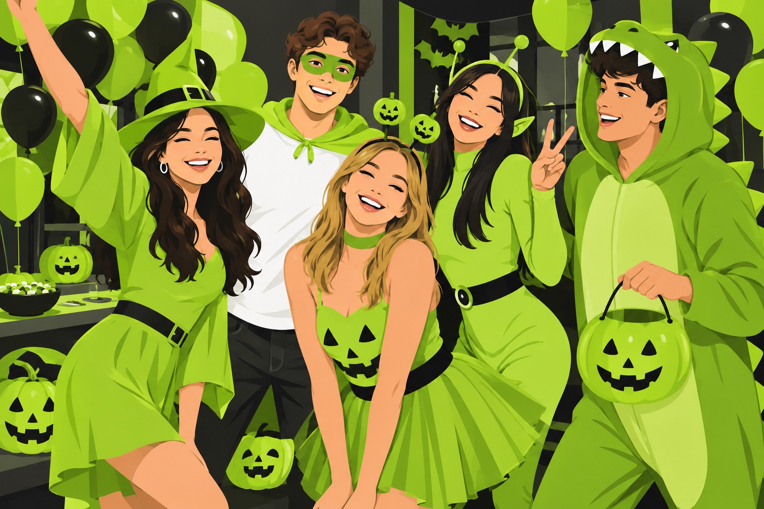 A brat-style Halloween costume party with lime green outfits and pumpkins