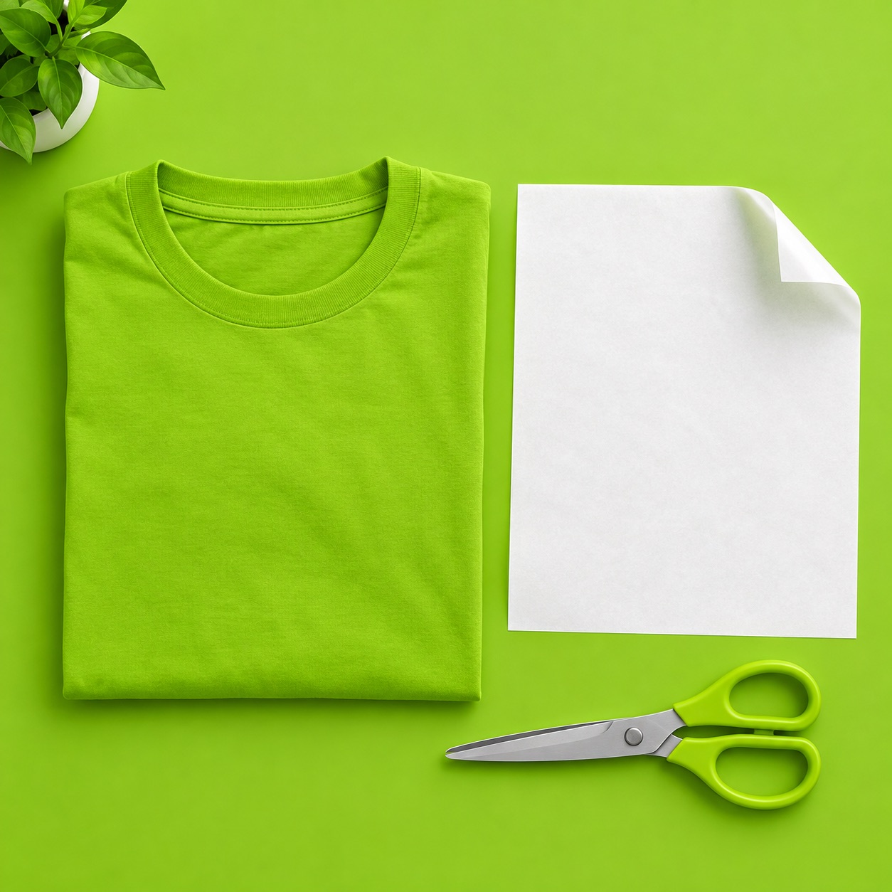 An iron-on transfer and a green t-shirt on a desk