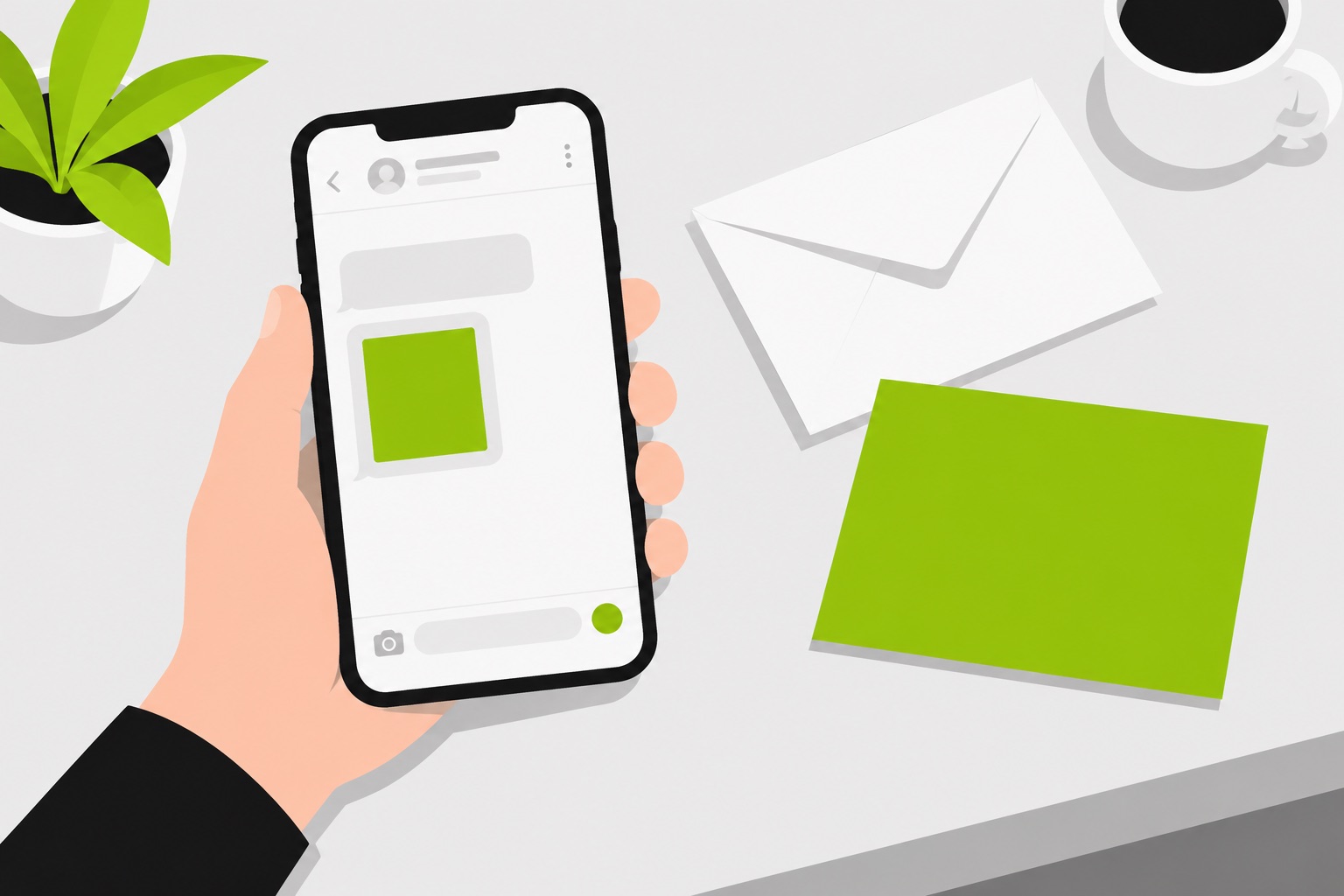 A flat illustration of a green invitation card on a phone screen beside an envelope