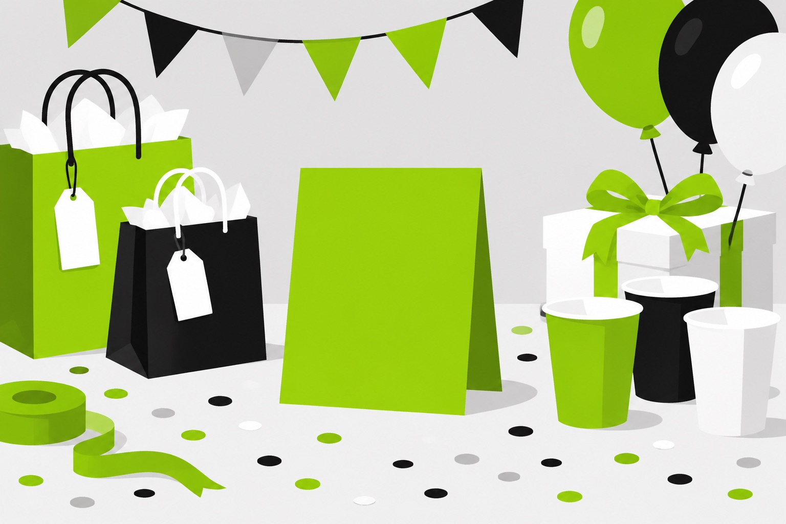 A flat illustration of a party table with green cups, a gift bag, and a card standing upright