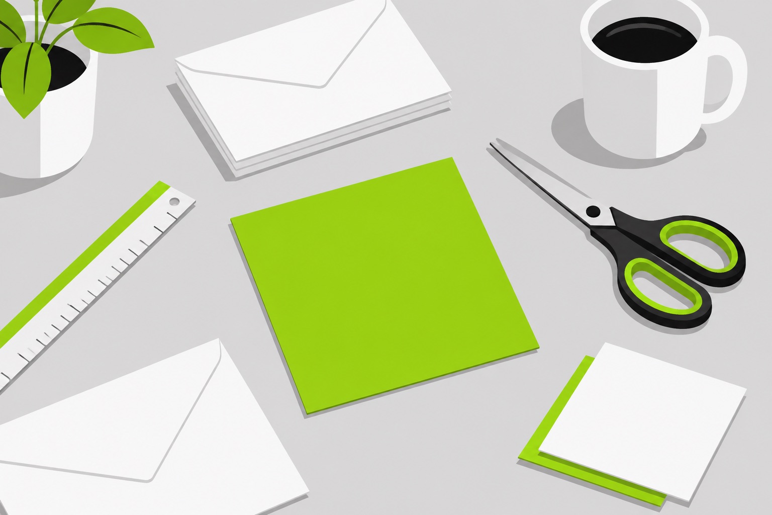 A flat illustration of a printed green card lying on a desk next to scissors and a ruler