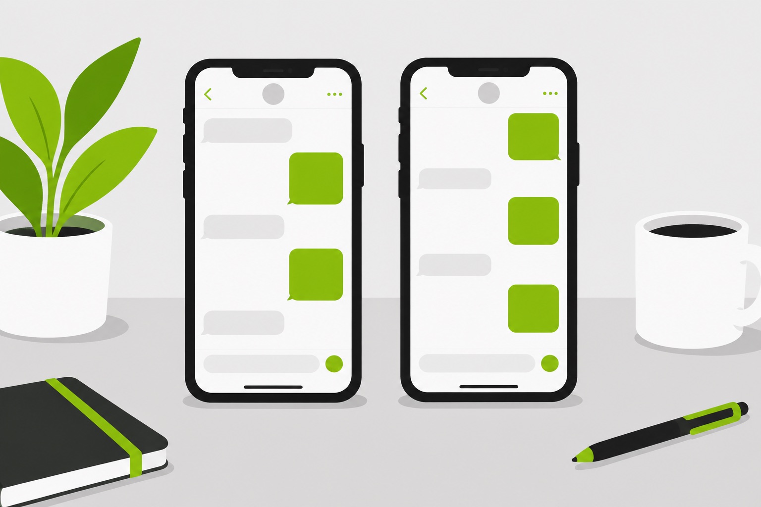A flat illustration of two phones in a chat thread, one showing a green square image