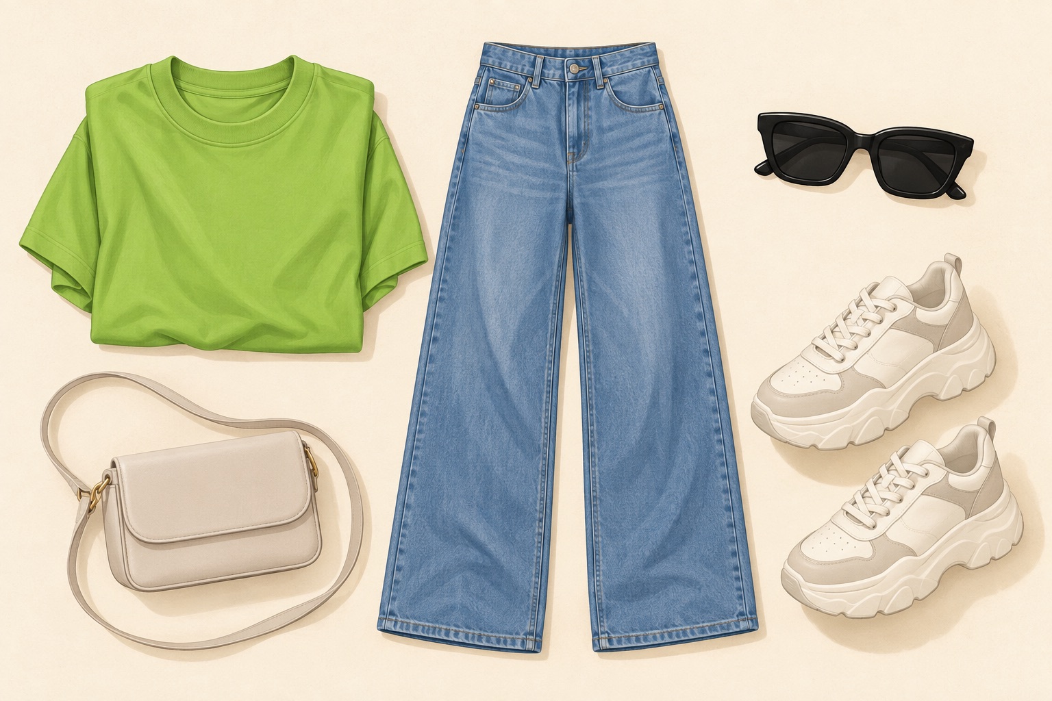 A flat illustration of a green outfit flat-lay with jeans and sunglasses