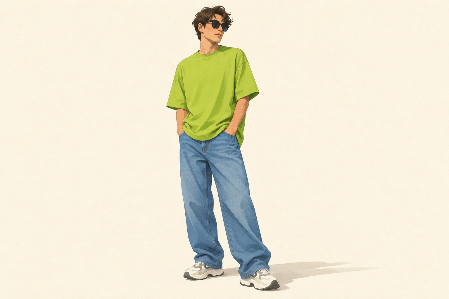 A flat illustration of a guy in an oversized green tee and baggy jeans