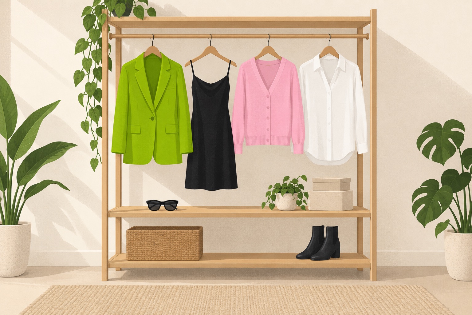A flat illustration of a wardrobe rail in brat era colors