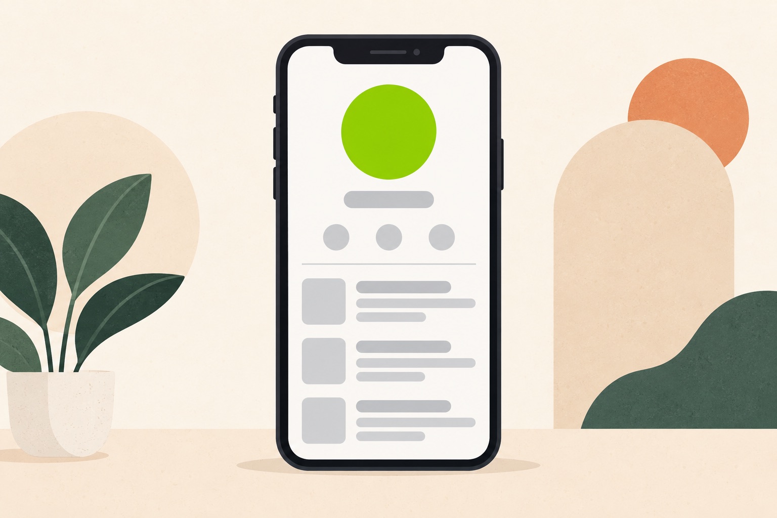 A flat illustration of a phone profile page with a green brat avatar