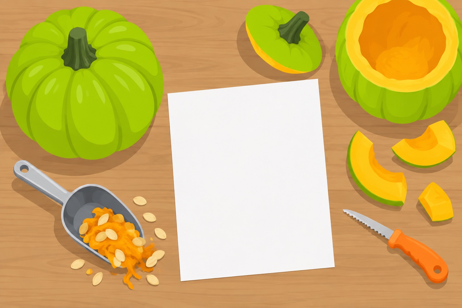 A flat lay of a green pumpkin with carving tools, a scoop, and a paper template