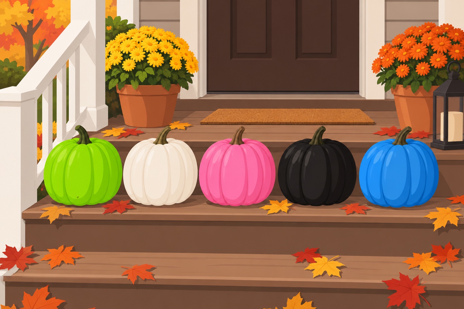 Painted pumpkins in lime green, white, pink, black, and blue lined up on steps