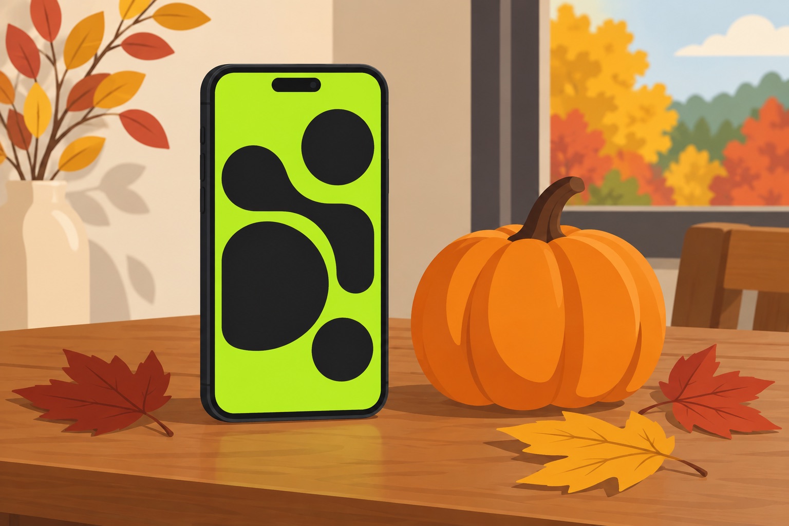 A flat illustration of a phone showing a green square design app next to a pumpkin