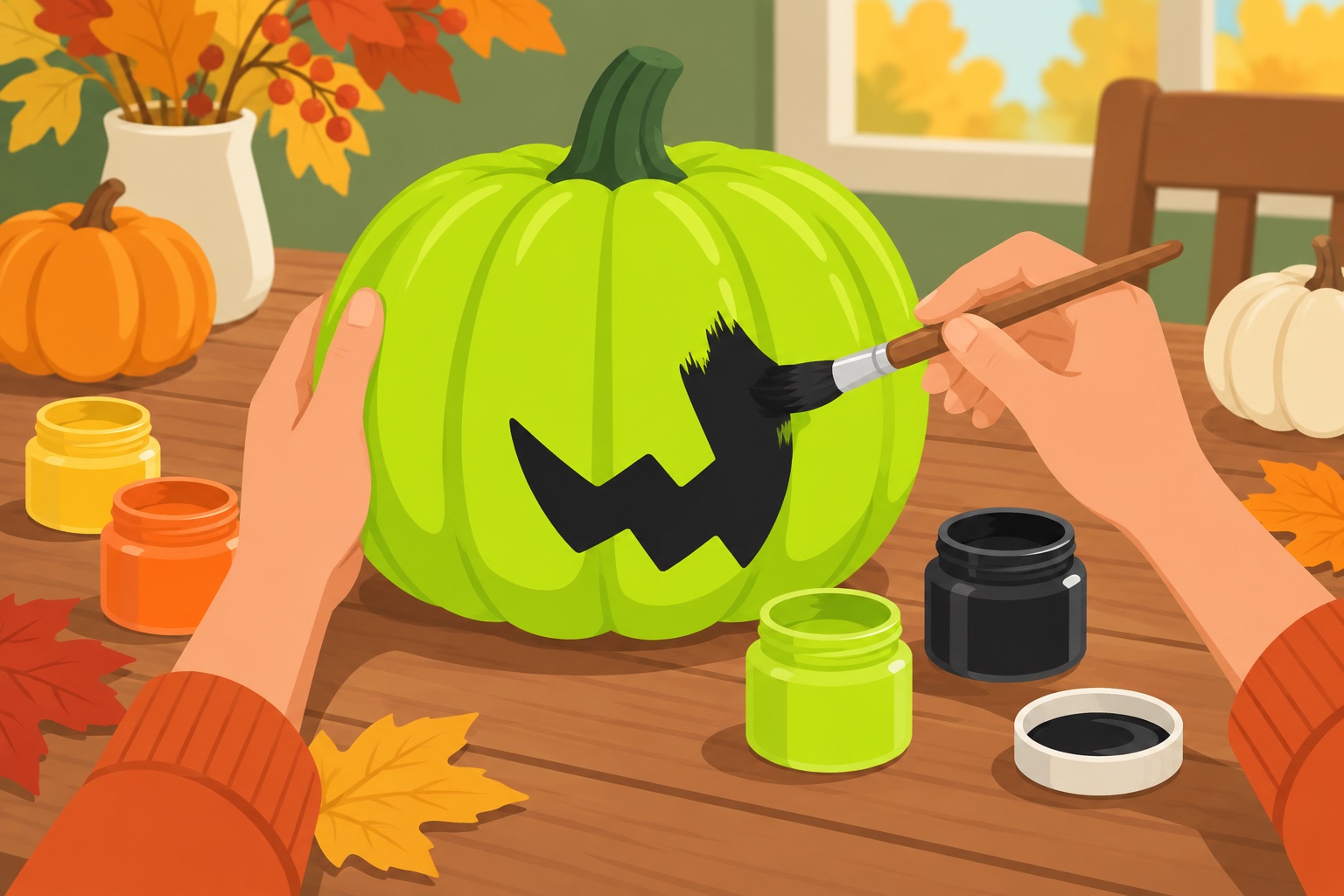 A flat illustration of painted pumpkins in era colors with brushes on a table