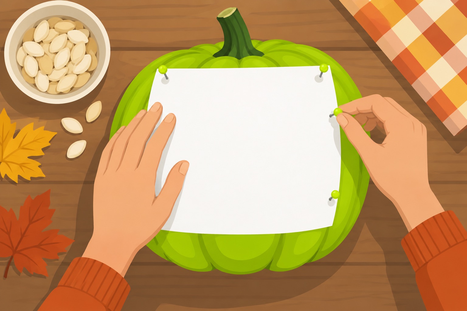 Hands poking holes along a paper template taped to a green pumpkin