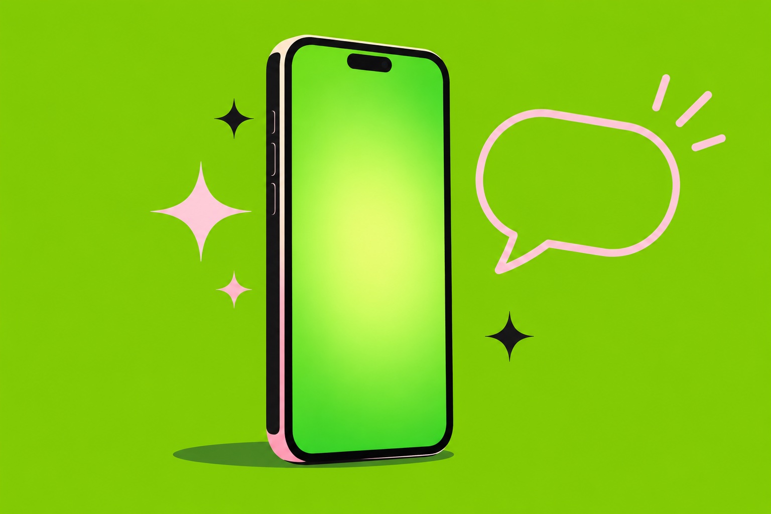 A flat illustration of a phone showing a green screen mid-definition