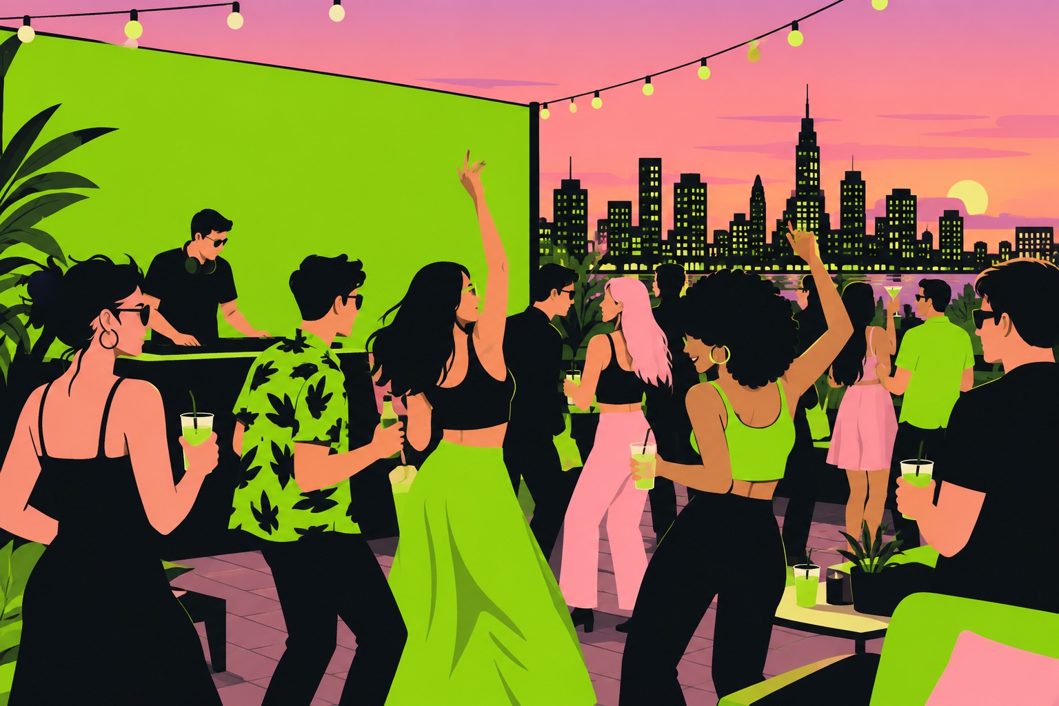 A flat illustration of a brat summer rooftop party in acid green