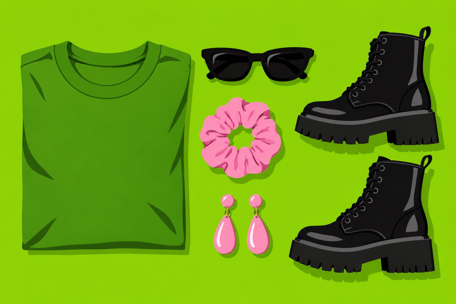 A flat illustration of a wardrobe in brat era colors
