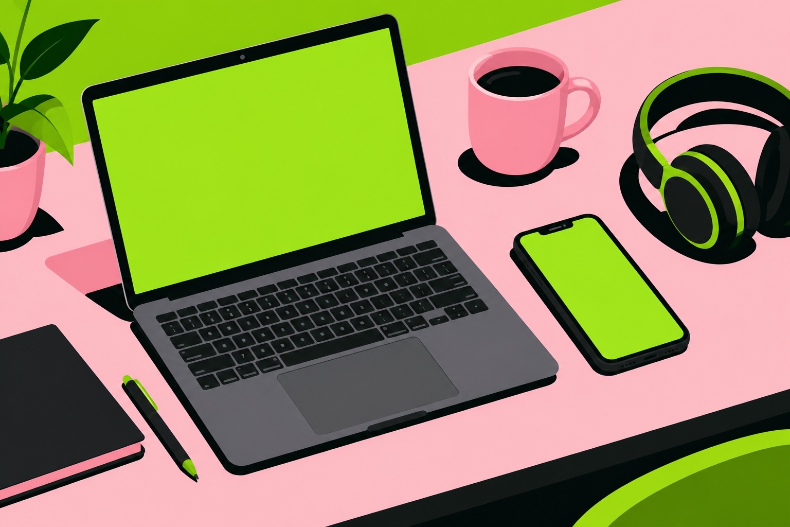 A flat illustration of a laptop and phone showing green screens side by side