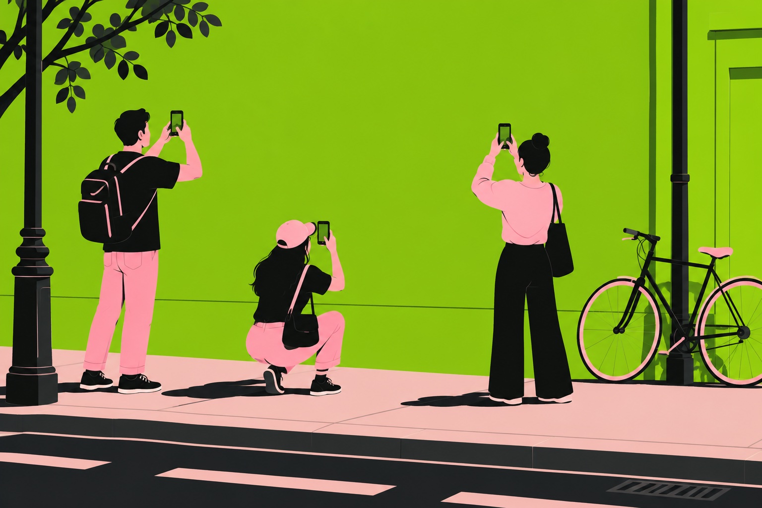 A flat illustration of a green wall with a crowd taking photos