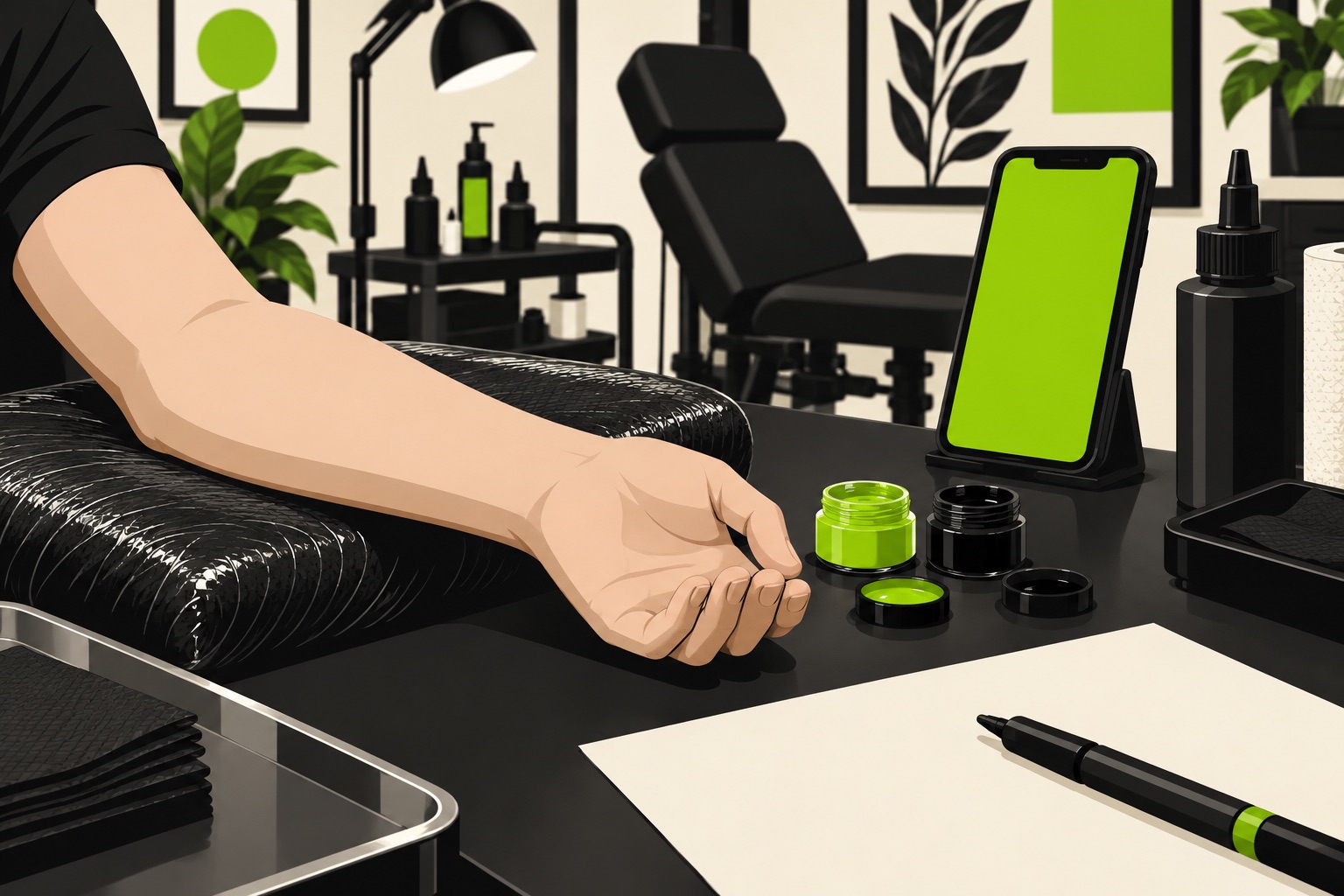 A flat illustration of a tattoo studio desk with ink pots, a phone, and sketch paper