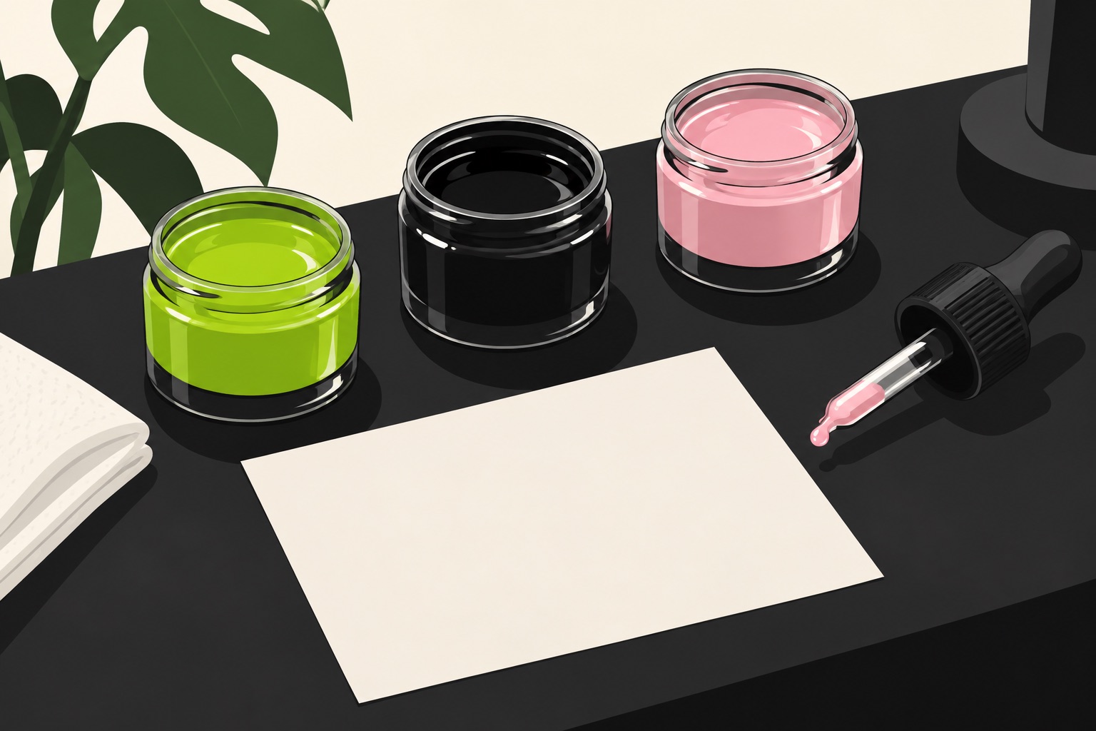 A flat illustration of open tattoo ink pots in green and black with a dropper