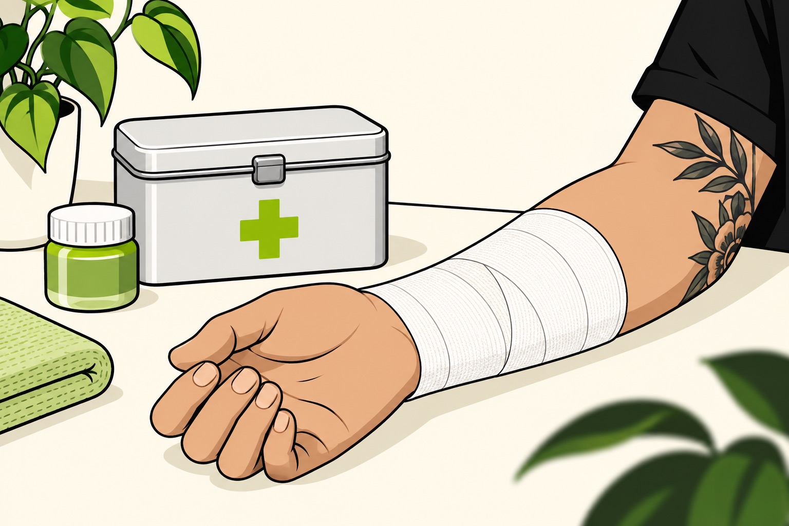 A flat illustration of a bandaged forearm resting near a first aid kit