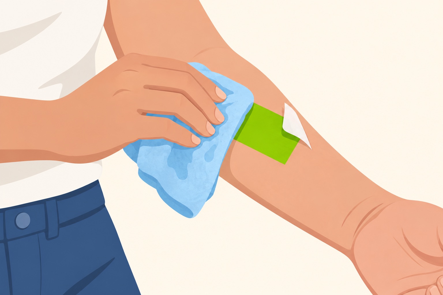 A flat illustration of a wet cloth pressing a small blank green temporary tattoo onto an arm